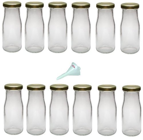 Viva-Haushaltswaren - 12 kleine Weithals-Glasflaschen / Saftflaschen 156ml inkl. einem Einfülltrichter Ø 7 cm