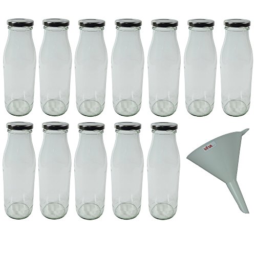 Viva-Haushaltswaren - 12 leere Weithals-Glasflaschen 0,5L. / Milchflaschen / Saftflaschen mit silberfarbenen Schraubverschluss inkl. einem Einfülltrichter Ø 12 cm