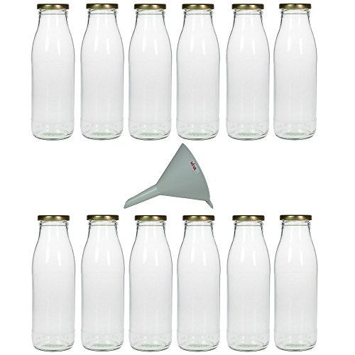 Viva Haushaltswaren - 12 leere Weithals-Glasflaschen 0,5L. / Saftflaschen inkl. einem Einfülltrichter Ø 12 cm