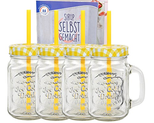 4er Set Glasbecher mit Deckel und Trinkhalm inkl. Rezeptheft - gelb kariert - 0,5 Liter Trinkbecher / Trinkglas mit Relief - für Säfte, Smoothies und andere Erfrischungsgetränke