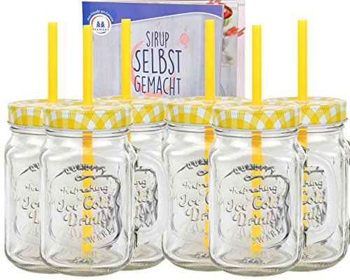 6er Set Glasbecher mit Deckel und Trinkhalm inkl. Rezeptheft - gelb kariert - 0,5 Liter Trinkbecher / Trinkglas mit Relief - für Säfte, Smoothies und andere Erfrischungsgetränke