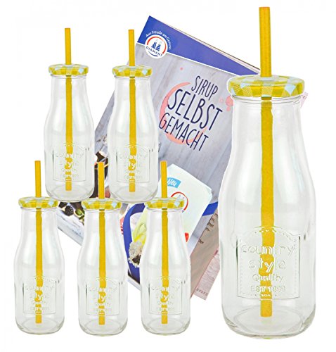 6er Set Glasflasche mit Deckel und Trinkhalm inkl. Rezeptheft - gelb kariert - 400 ml Trinkflasche / Trinkglas mit Relief - für Säfte, Smoothies und andere Erfrischungsgetränke