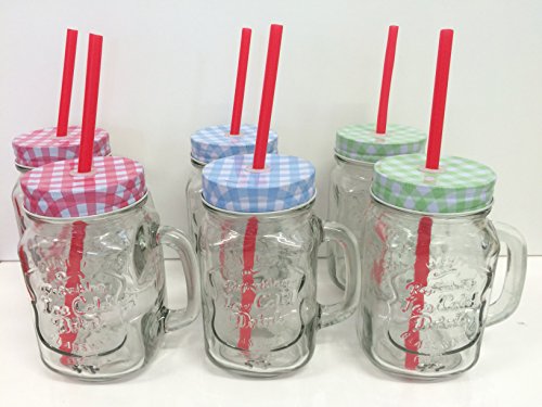 6er-Set Trinkglas "Ice Cold" mit Henkel, rotem Trinkhalm und Schraubdeckel - in Rot, Grün & Blau 400ml - Wespen- und Insektenschutz