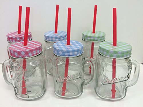 6er-Set Trinkglas "Original" mit Henkel, rotem Trinkhalm und Schraubdeckel - in Rot, Grün & Blau 400ml - Wespenschutz