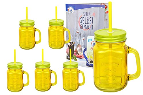 6er Set gelbe Glasbecher mit Henkel, Deckel und Trinkhalm inkl. Rezeptheft - 0,45 Liter Trinkbecher / Trinkglas mit Relief - für Säfte, Smoothies und andere Erfrischungsgetränke