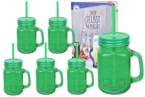 6er Set grüne Glasbecher mit Henkel, Deckel und Trinkhalm inkl. Rezeptheft - 0,45 Liter Trinkbecher / Trinkglas mit Relief - für Säfte, Smoothies und andere Erfrischungsgetränke
