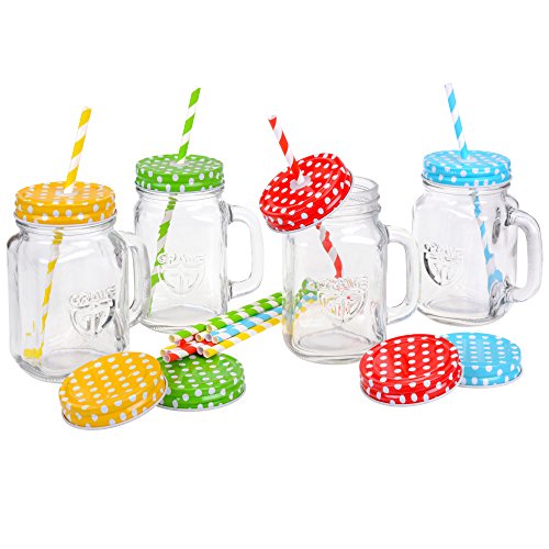 GRÄWE Henkel-Gläser mit Deckel und Strohhalm, 4er Set - Trinkgläser (0,4 Liter) mit Schraubdeckeln (mit Trinkhalm-Loch/geschlossen - blau, grün, rot, gelb)
