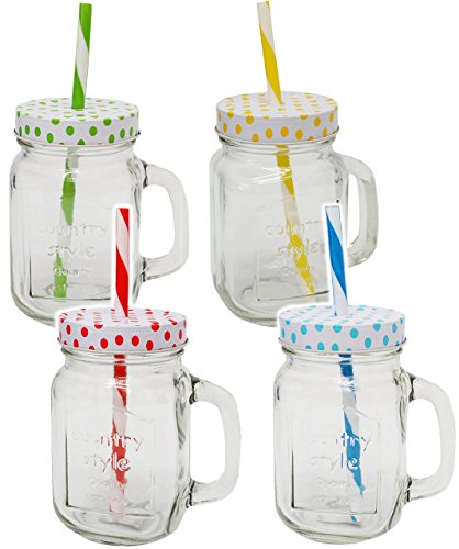 1 Stück _ Henkelbecher / Trinkglas - " bunte Punkte - BUNT " - Glas mit Strohhalm & Deckel - 450 ml - Einmachglasoptik - für Heiße & Kalte Getränke - Sommerglas mit Henkel - z.B. Limonade Erfrischung Sommer / gepunktet - Smoothie Becher Trinkglas Trinkflasche - Insektenschutz - Trinkgläser Einweckglas / Einmachglas - Glasbecher - Trinkhalm - Glühwein / gepunktet Polka Dots