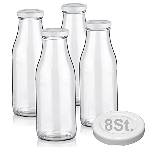 4 Milchflaschen 500ml mit 8 Deckel BPA frei Saftflaschen Glasflaschen 0,5L auch erhältlich mit 2/6/9/12/20 Flaschen Smoothie Weithalsflaschen Milchflasche leer zum Befüllen Trinkflasche Schraubdeckel