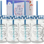 4er Set Glasbecher mit Deckel und Trinkhalm inkl. Rezeptheft - blau kariert - 0,5 Liter Trinkbecher / Trinkglas mit Relief - für Säfte, Smoothies und andere Erfrischungsgetränke