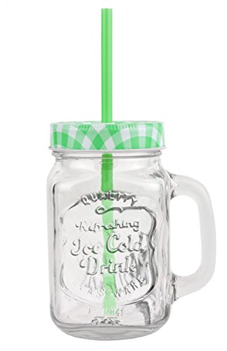 4er Set Glasbecher mit Deckel und Trinkhalm inkl. Rezeptheft - grün kariert - 0,5 Liter Trinkbecher / Trinkglas mit Relief - für Säfte, Smoothies und andere Erfrischungsgetränke
