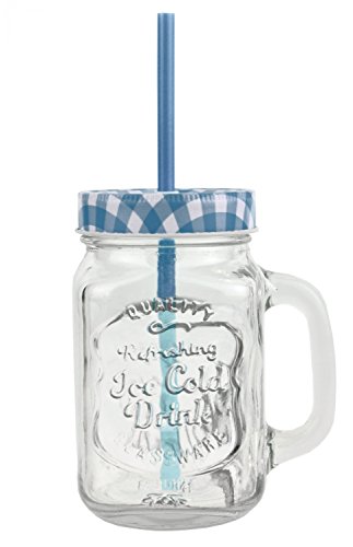 6er Set Glasbecher mit Deckel und Trinkhalm inkl. Rezeptheft - blau kariert - 0,5 Liter Trinkbecher / Trinkglas mit Relief - für Säfte, Smoothies und andere Erfrischungsgetränke