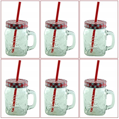 6er Set Vintage Trinkgläser mit Henkel und Deckel im Country Style inklusive einer K7plus Eiswürfelform (rot)