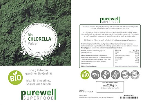 CHLORELLA Algenpulver - Bio Superfood - Für natürliche Körperentgiftung, Verdauung, Abnehmen, Herz-Kreislauf, Energie und vieles mehr (200g BIO Chlorella Pulver)