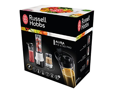 Russell Hobbs 22340-56 Aura Mix & Go Pro Mix / Smoothie Maker (300 Watt), inklusive 2 Trinkflaschen und Gewürzmühle, schwarz-weiß