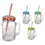 Trinkglas mit Henkel 480ml, Deckel und Trinkhalm - 4er Set - je 1x gelb, grün, rot und blau