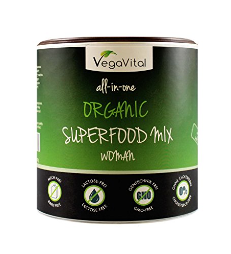 VegaVital Superfood Mix Woman, 100 Prozent Bio, 17 Verschiedene Superfoods Inklusive Moringa Oleifera, Matcha, Weizengras, Gerstengras, 1er Pack (1 x 100 g)