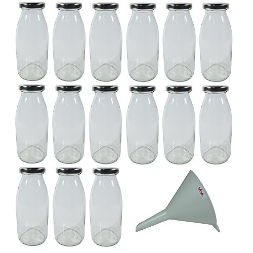 Viva-Haushaltswaren - 15 kleine Glasflaschen / Milchflaschen 250ml mit silberfarbenen Schraubverschluss - inkl. einem Einfülltrichter Ø 12 cm