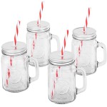 VonShef Set mit 4 Weckglas Trinkgläsern 450 ml Gläser mit Wiederverwendbaren Strohhalmen, Schraubdeckeln & Henkeln