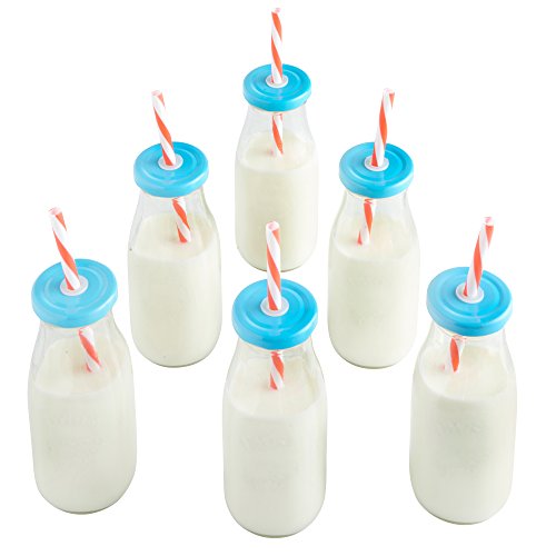 VonShef Set mit 6 Retro 300 ml Milchflaschen Trinkgläser-Set mit wiederverwendbaren Strohhalmen & Deckeln