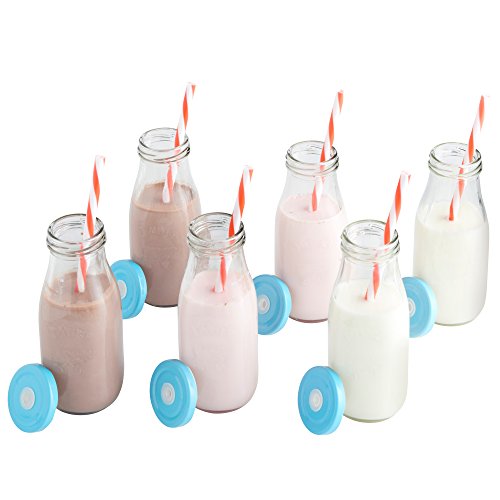 VonShef Set mit 6 Retro 300 ml Milchflaschen Trinkgläser-Set mit wiederverwendbaren Strohhalmen & Deckeln