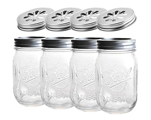 4 x Ball Mason Jar | Regular 16 oz (475 ml) + Blumendeckel | SET