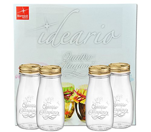 4er Set Quattro Stagioni Flasche 0,40l incl. Bormioli Rezeptheft - als Saft Smoothie Getränke Fläschchen, zur Dekoration oder als Einmachglas, Vorratsglas