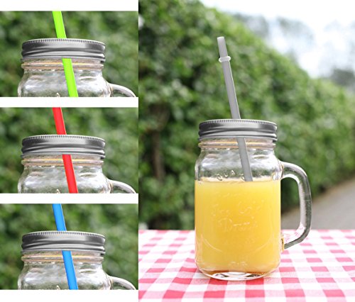 4er Set Trinkglas Becher mit Deckel silber Strohhalm 350ml Glas Henkel