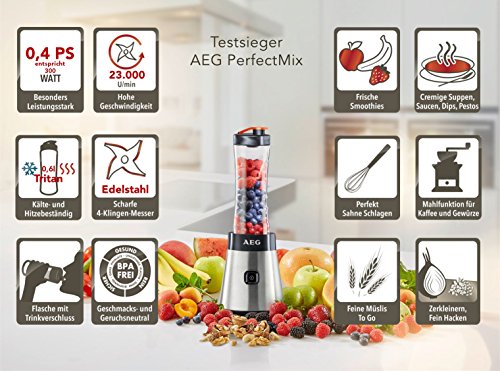 AEG PerfectMix SB2400 Mix & Go Mini Mixer mit 0,4 PS-Power-Motor (bis zu 23.000 U/min, 4 Edelstahlmesser, bruchfeste 0,6 l BPA-freie Tritan-Trinkflasche)