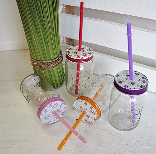 Gläser mit Deckel + Strohhalm Blümchen Trinkglas Glas bunt ohne Henkel 360ml 4er Set Cocktailglas Bowleglas modern Blumenmuster
