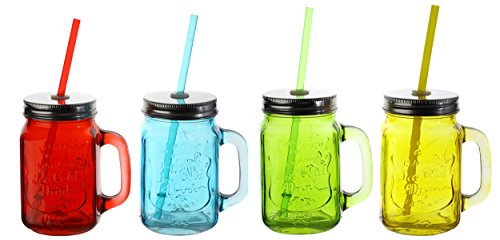Gläser mit Deckel + Strohhalm Trinkglas Glas bunt mit Henkel 450ml 4er Set Cocktailglas Bowleglas modern buntes Glas ausgefallen