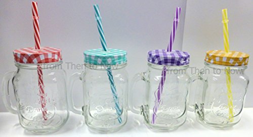 Set von 4 Glas Mason Trinken Gläser mit Gingham-farbige Deckel Stroh & Griff