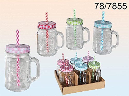 Trinkglas - Einmachglas mit Henkel und Deckel mit Strohhalm - 4 STK