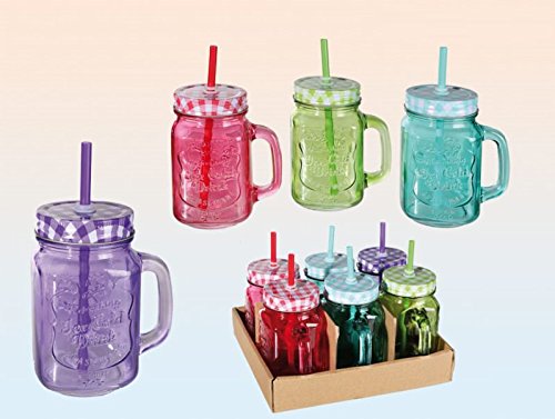 Trinkglas farbig mit Henkel und farbigem Deckel mit Strohhalm Einmachglas Optik 500 ml 6 Stück