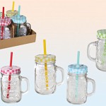 Trinkglas mit Henkel und farbigem Deckel mit Strohhalm Einmachglas Optik 400 ml 4 Stück