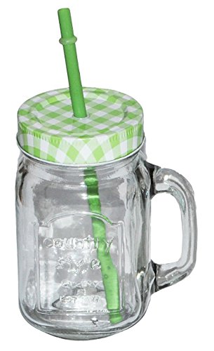 1 Stk _ Henkelbecher - Glas mit Strohhalm & Deckel - bunte Farben - Trinkbecher als " Milchglas " Sommerglas - Flasche z.B. Limonade Erfrischung Sommer - Smoothie Becher Trinkglas Trinkflasche
