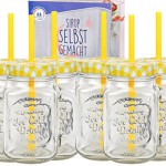 6er Set Glasbecher mit Deckel und Trinkhalm inkl. Rezeptheft - gelb kariert - 0,5 Liter Trinkbecher / Trinkglas mit Relief - für Säfte, Smoothies und andere Erfrischungsgetränke
