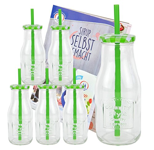 6er Set Glasflasche mit Deckel und Trinkhalm inkl. Rezeptheft - grün kariert - 400 ml Trinkflasche / Trinkglas mit Relief - für Säfte, Smoothies und andere Erfrischungsgetränke