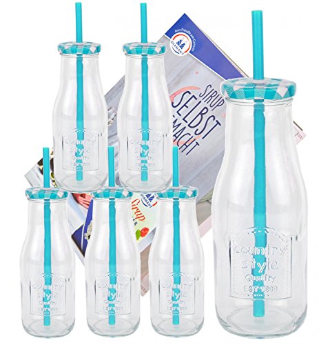 6er Set Glasflaschen mit Deckel und Trinkhalm inkl. Rezeptheft - Hellblau kariert - 400 ml Trinkflasche / Trinkglas mit Relief - für Säfte, Smoothies und andere Erfrischungsgetränke