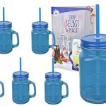 6er Set blaue Glasbecher mit Henkel, Deckel und Trinkhalm inkl. Rezeptheft - 0,45 Liter Trinkbecher / Trinkglas mit Relief - für Säfte, Smoothies und andere Erfrischungsgetränke