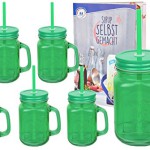 6er Set grüne Glasbecher mit Henkel, Deckel und Trinkhalm inkl. Rezeptheft - 0,45 Liter Trinkbecher / Trinkglas mit Relief - für Säfte, Smoothies und andere Erfrischungsgetränke