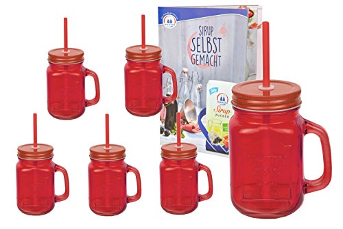 6er Set rote Glasbecher mit Henkel, Deckel und Trinkhalm inkl. Rezeptheft - 0,45 Liter Trinkbecher / Trinkglas mit Relief - für Säfte, Smoothies und andere Erfrischungsgetränke