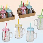Trinkglas mit Henkel und farbigem Karodeckel mit Strohhalm Einmachglas Optik 450 ml 12 Stück