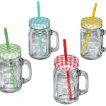 4 Stk _ Henkelbecher - Gläser mit Strohhalm Deckel - bunte Farben - Trinkbecher als " Milchglas " Sommerglas - Flasche z.B. Limonade Erfrischung Sommer - Smoothie Becher Trinkglas Trinkflasche