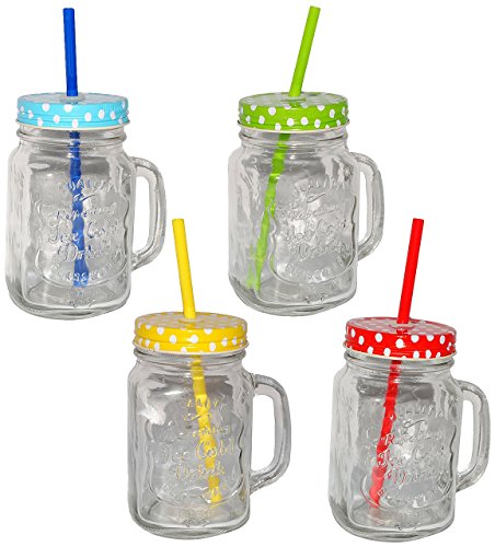 Henkelbecher - Glas mit Deckel & Strohhalm - bunte Farben & Punkte - Trinkbecher als " Milchglas " Sommerglas - z.B. Limonade Erfrischung Sommer - Flasche - Smoothie Becher Trinkglas Trinkflasche - Trinkgläser Einmachglas / Einweckglas - Glasbecher