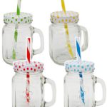 Henkelbecher / Trinkglas - " bunte Punkte - BUNT " - Glas mit Strohhalm & Deckel - 450 ml - Einmachglasoptik - für Heiße & Kalte Getränke - Sommerglas mit Henkel - z.B. Limonade Erfrischung Sommer / gepunktet - Smoothie Becher Trinkglas Trinkflasche - Insektenschutz - Trinkgläser Einweckglas / Einmachglas - Glasbecher - Trinkhalm - Glühwein / gepunktet Polka Dots