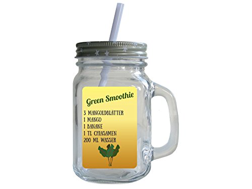 Retro Trinkglas mit Deckel und Strohhalm GREEN SMOOTHIE * MANGOLD * Rezept