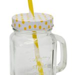 Trinkglas / Henkelbecher - " bunte Punkte - GELB " - Glas mit Strohhalm & Deckel - 450 ml - Einmachglasoptik - für Kalte & Heiße Getränke - Sommerglas mit Henkel - gepunktet - z.B. Limonade Erfrischung Sommer - Smoothie Becher Trinkglas Trinkflasche - Insektenschutz - Trinkgläser Einmachglas / Einweckglas - Glasbecher - Trinkhalm - Glühwein / gepunktet Polka Dots