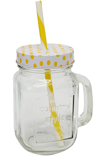Trinkglas / Henkelbecher - " bunte Punkte - GELB " - Glas mit Strohhalm & Deckel - 450 ml - Einmachglasoptik - für Kalte & Heiße Getränke - Sommerglas mit Henkel - gepunktet - z.B. Limonade Erfrischung Sommer - Smoothie Becher Trinkglas Trinkflasche - Insektenschutz - Trinkgläser Einmachglas / Einweckglas - Glasbecher - Trinkhalm - Glühwein / gepunktet Polka Dots