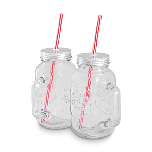 Mason Jar Gläser (0,5 l) 2er Set von KITCHEN CREW Smoothie-Henkel-Gläser im Retro-Vintage-Design passend für den Mason Jar Smoothie Maker, Becher, Glas mit Deckel & Strohhalm ideal für SMOOTHIE TO GO!